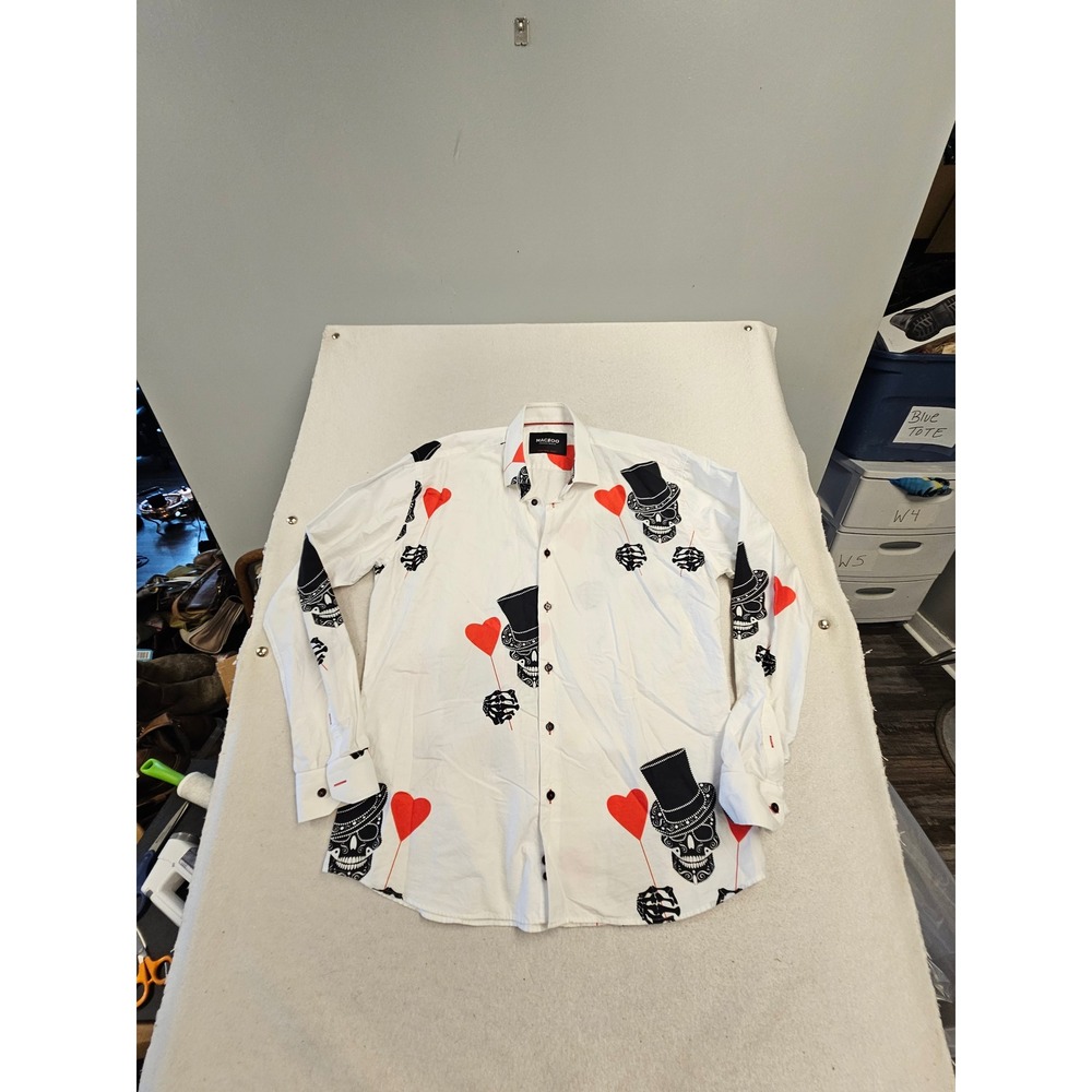 Maceoo Mens White Skull Heart Balloon Italian‎ Fabric Button Down Shirt XL 5